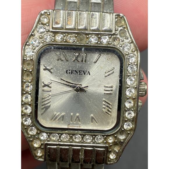 Geneva Classy Rhinestones Bezel Silver Tone Cuff Band Wristwatch Water Resistant - Picture 1 of 14